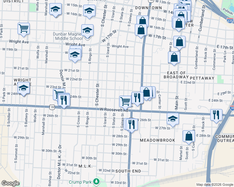 map of restaurants, bars, coffee shops, grocery stores, and more near 2300 South Gaines Street in Little Rock