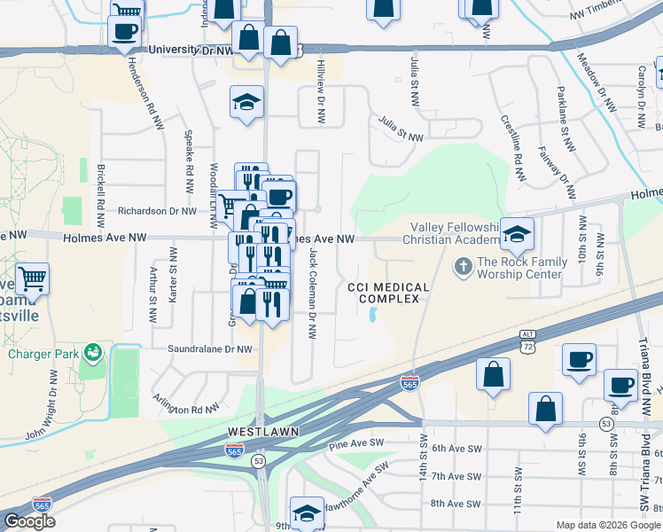 map of restaurants, bars, coffee shops, grocery stores, and more near 416 Hillmont Drive Northwest in Huntsville