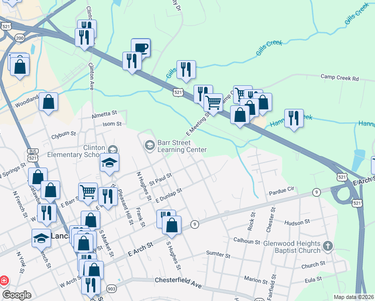 map of restaurants, bars, coffee shops, grocery stores, and more near 201 Willow Lake Road North in Lancaster