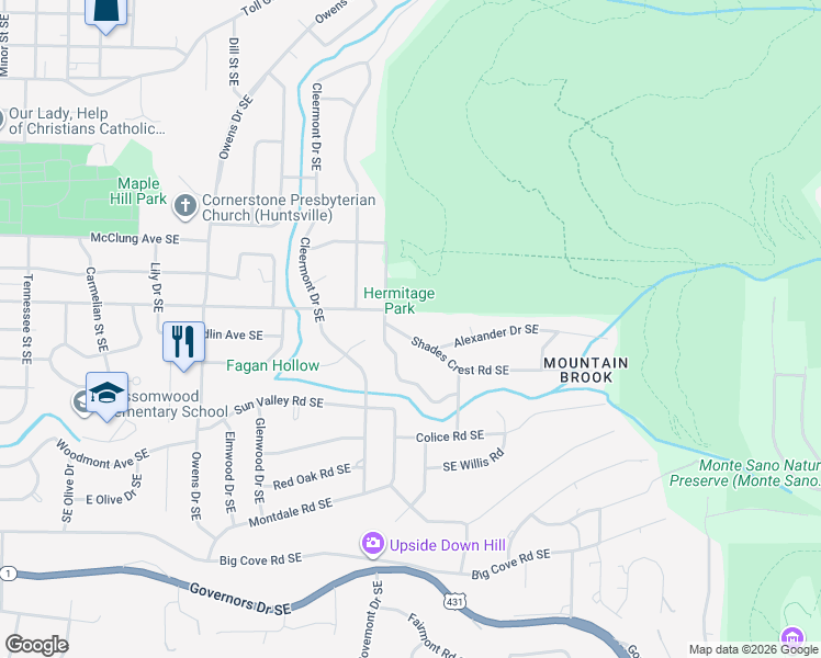 map of restaurants, bars, coffee shops, grocery stores, and more near 1805 Shades Crest Road Southeast in Huntsville