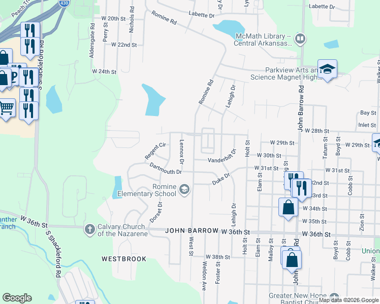 map of restaurants, bars, coffee shops, grocery stores, and more near 2912 Romine Road in Little Rock