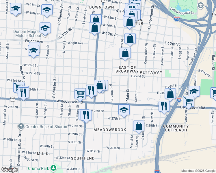 map of restaurants, bars, coffee shops, grocery stores, and more near 315 West 23rd Street in Little Rock