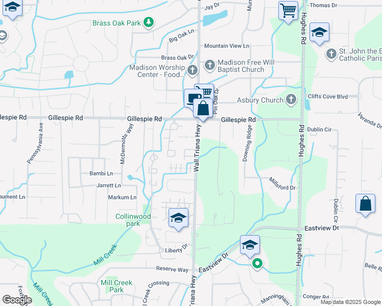map of restaurants, bars, coffee shops, grocery stores, and more near 5142 Wall Triana Highway in Madison