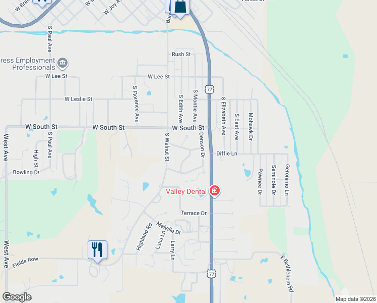 map of restaurants, bars, coffee shops, grocery stores, and more near 1301 Hillcrest Road in Pauls Valley