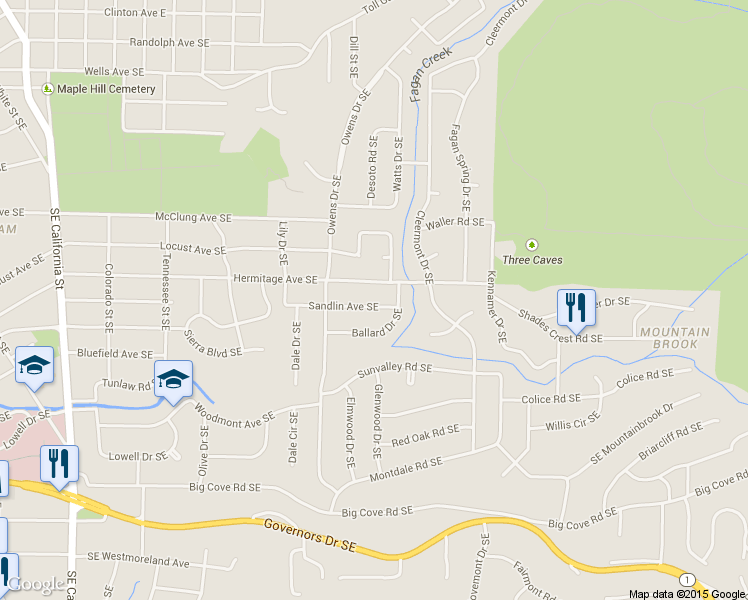 map of restaurants, bars, coffee shops, grocery stores, and more near 1715 Sandlin Avenue Southeast in Huntsville
