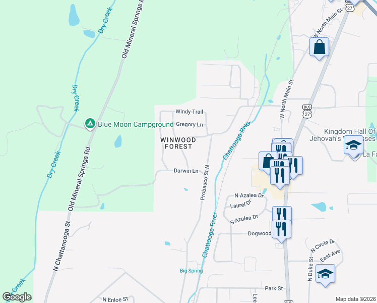 map of restaurants, bars, coffee shops, grocery stores, and more near 308 Ridgecrest Drive in LaFayette