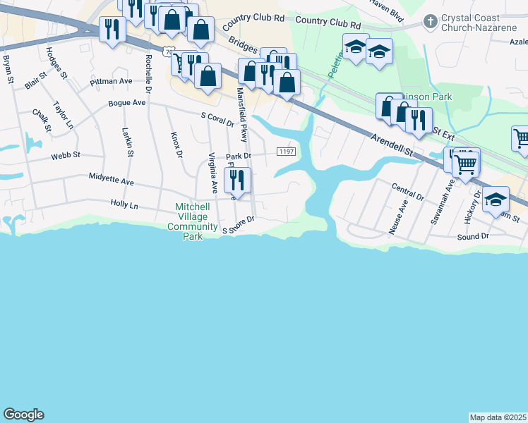 map of restaurants, bars, coffee shops, grocery stores, and more near 405D Atlantic Drive in Morehead City