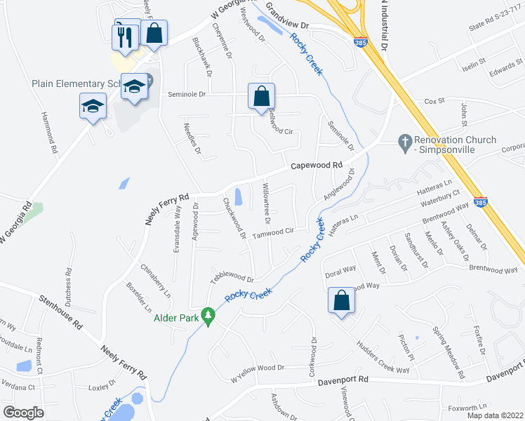 map of restaurants, bars, coffee shops, grocery stores, and more near 207 Willowtree Drive in Simpsonville