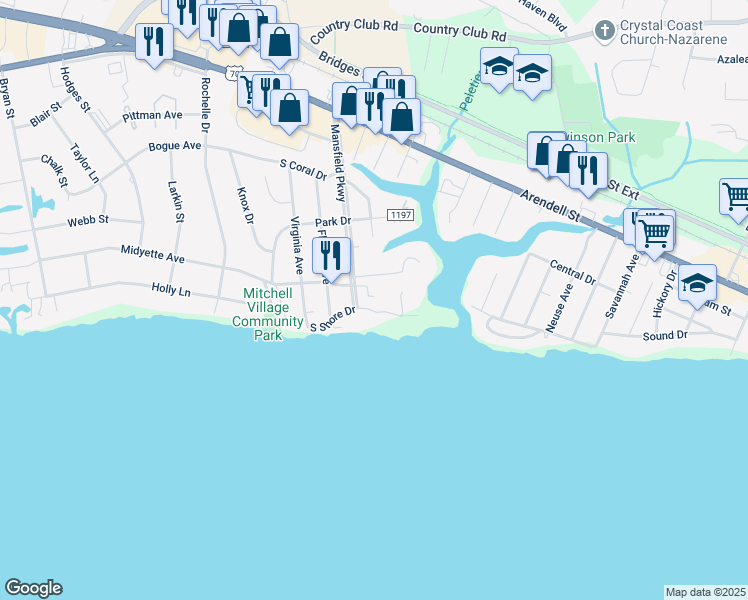 map of restaurants, bars, coffee shops, grocery stores, and more near 405D Atlantic Drive in Morehead City