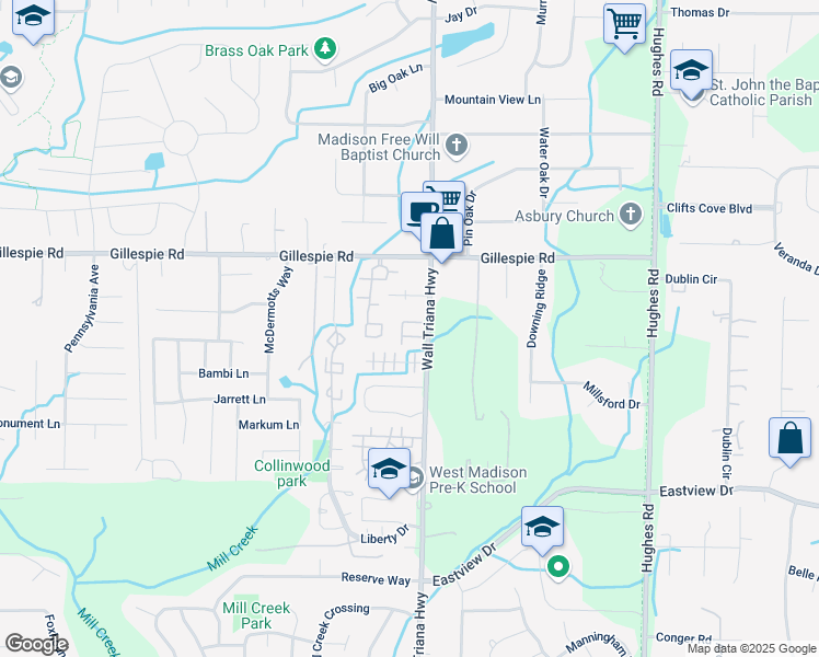 map of restaurants, bars, coffee shops, grocery stores, and more near 5142 Wall Triana Highway in Madison