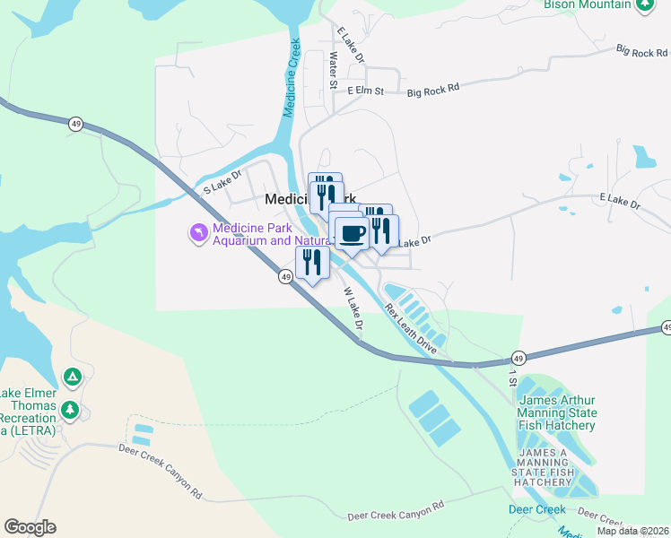 map of restaurants, bars, coffee shops, grocery stores, and more near 160 West Lake Drive in Medicine Park