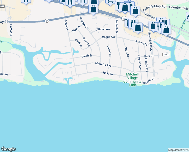 map of restaurants, bars, coffee shops, grocery stores, and more near 5113 Holly Lane in Morehead City