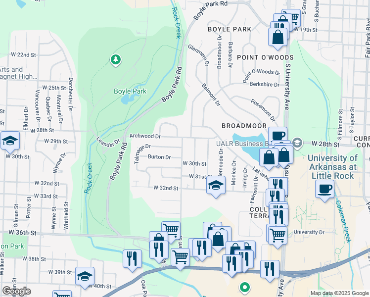 map of restaurants, bars, coffee shops, grocery stores, and more near 2821 South Bryant Street in Little Rock
