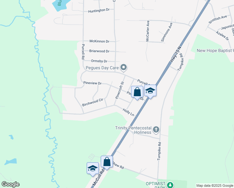 map of restaurants, bars, coffee shops, grocery stores, and more near 11540 Pinecroft Drive in Laurinburg