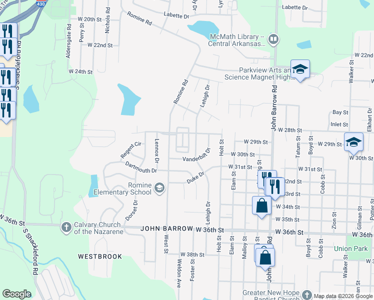 map of restaurants, bars, coffee shops, grocery stores, and more near 9411 Courtney Cove in Little Rock