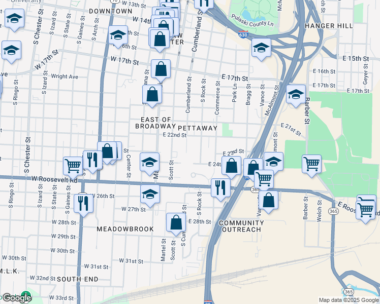 map of restaurants, bars, coffee shops, grocery stores, and more near 2301 Cumberland Street in Little Rock