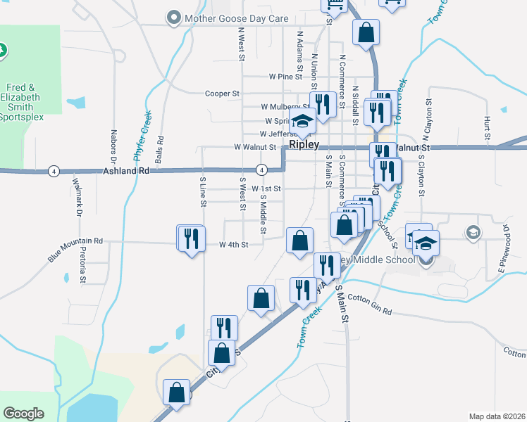 map of restaurants, bars, coffee shops, grocery stores, and more near 607 S Middle St in Ripley