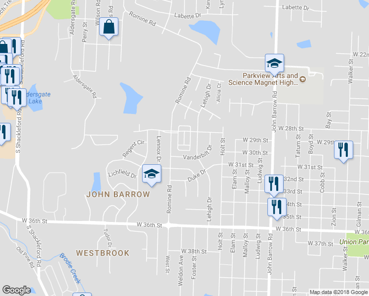 map of restaurants, bars, coffee shops, grocery stores, and more near 9411 Courtney Cove in Little Rock
