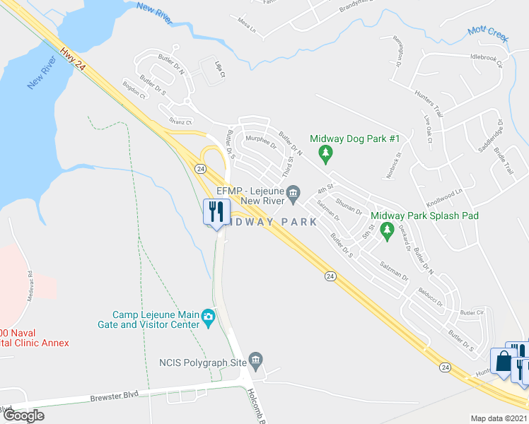 map of restaurants, bars, coffee shops, grocery stores, and more near Butler Drive South in Jacksonville