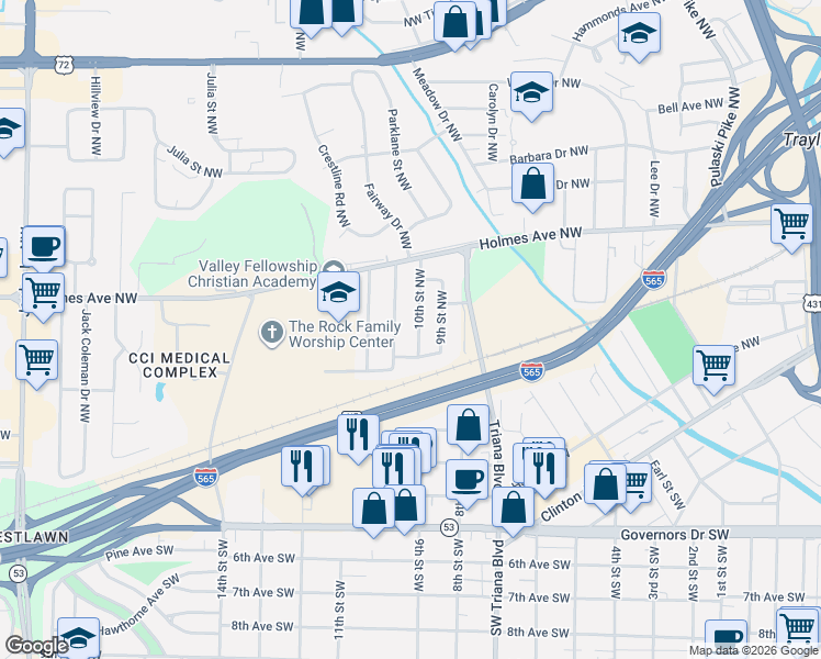 map of restaurants, bars, coffee shops, grocery stores, and more near 608 Marguerite Drive Northwest in Huntsville