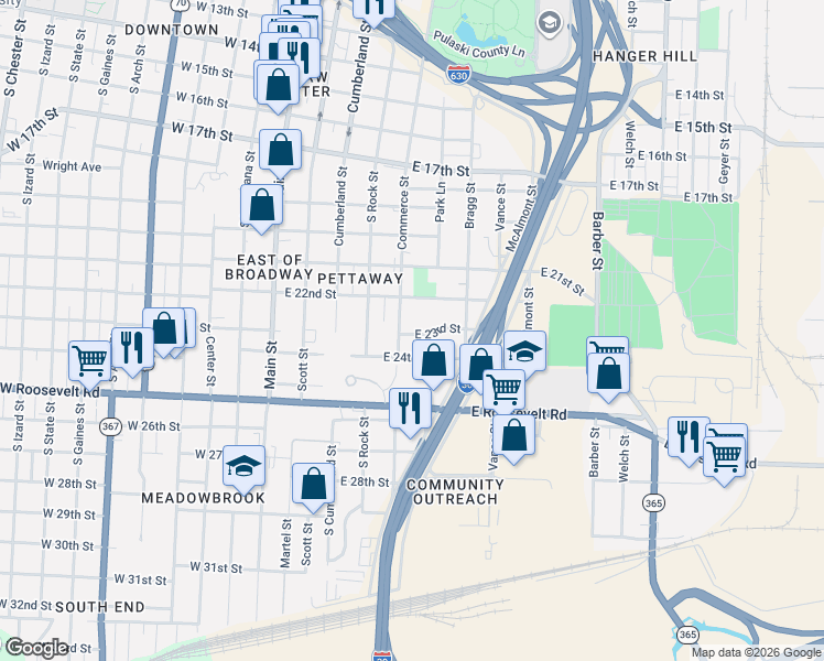 map of restaurants, bars, coffee shops, grocery stores, and more near 516 East 23rd Street in Little Rock