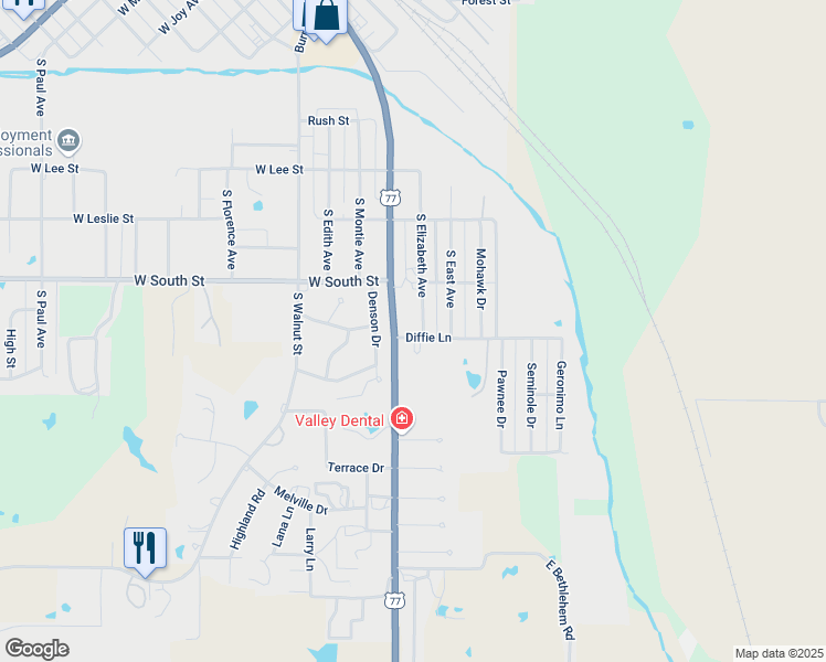 map of restaurants, bars, coffee shops, grocery stores, and more near 121 Diffie Lane in Pauls Valley