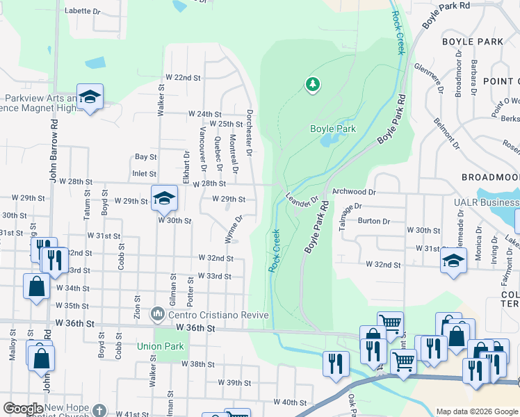 map of restaurants, bars, coffee shops, grocery stores, and more near 2915 Dorchester Drive in Little Rock