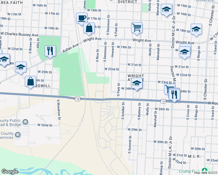 map of restaurants, bars, coffee shops, grocery stores, and more near 2408 Howard Street in Little Rock