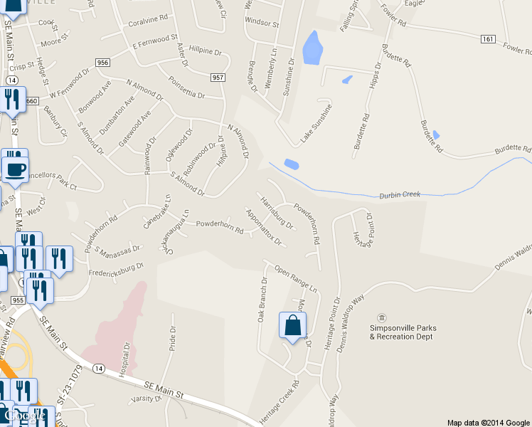 map of restaurants, bars, coffee shops, grocery stores, and more near 903 Powderhorn Road in Simpsonville