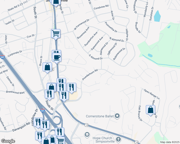 map of restaurants, bars, coffee shops, grocery stores, and more near 102 Frankfort Court in Simpsonville