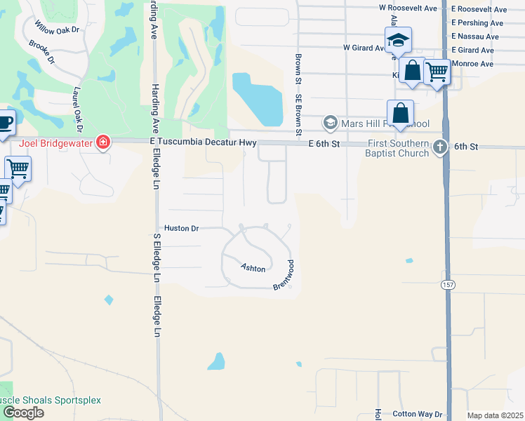 map of restaurants, bars, coffee shops, grocery stores, and more near 104 East McGuire Drive in Muscle Shoals