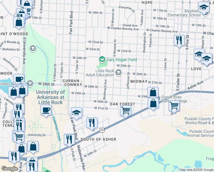 map of restaurants, bars, coffee shops, grocery stores, and more near 2721 Boulevard Avenue in Little Rock