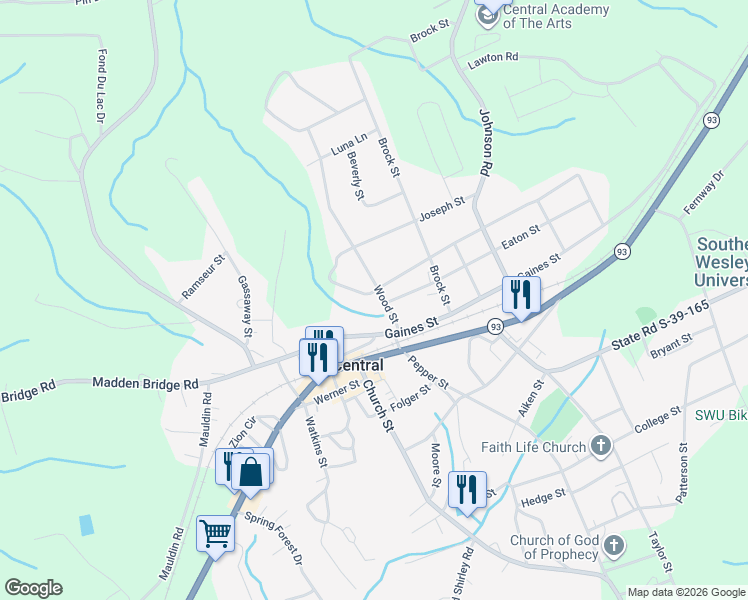 map of restaurants, bars, coffee shops, grocery stores, and more near 101 Coker Circle in Central