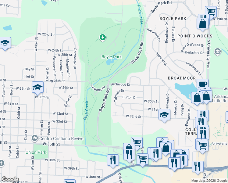 map of restaurants, bars, coffee shops, grocery stores, and more near 35 Talmage Drive in Little Rock