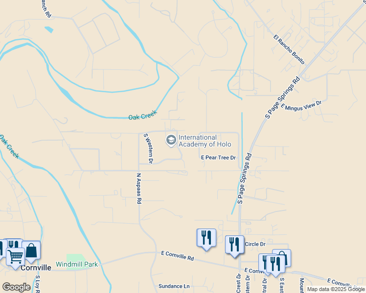 map of restaurants, bars, coffee shops, grocery stores, and more near 10755 East Hidden View Drive in Cornville