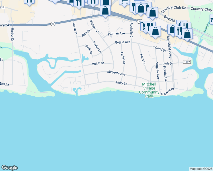 map of restaurants, bars, coffee shops, grocery stores, and more near 5113 Holly Lane in Morehead City