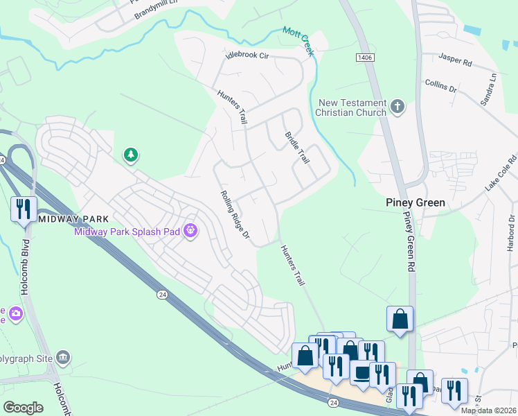 map of restaurants, bars, coffee shops, grocery stores, and more near 1713 Wine Press Court in Piney Green