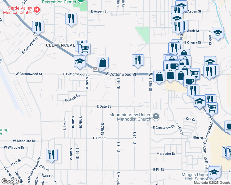 map of restaurants, bars, coffee shops, grocery stores, and more near 708 South 8th Street in Cottonwood