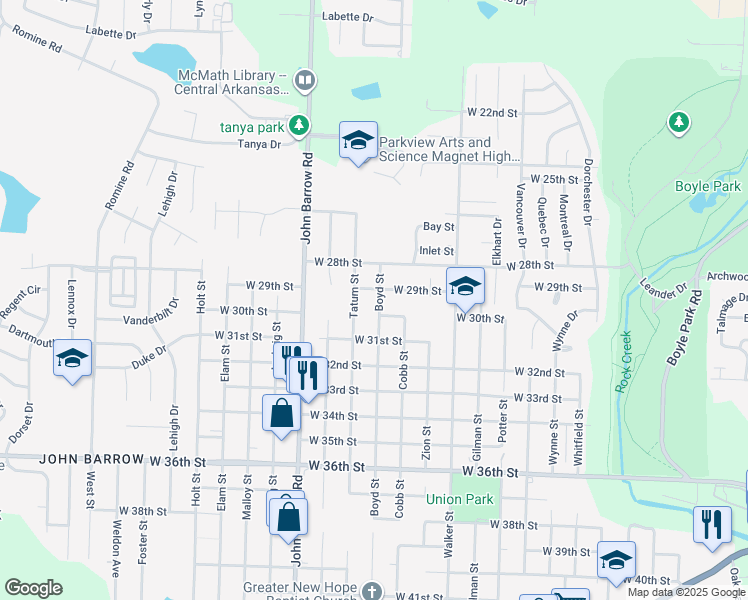 map of restaurants, bars, coffee shops, grocery stores, and more near 2910 Boyd Street in Little Rock