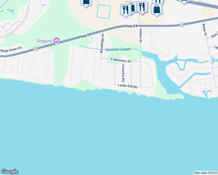 map of restaurants, bars, coffee shops, grocery stores, and more near 221 Lands End Rd in Morehead City