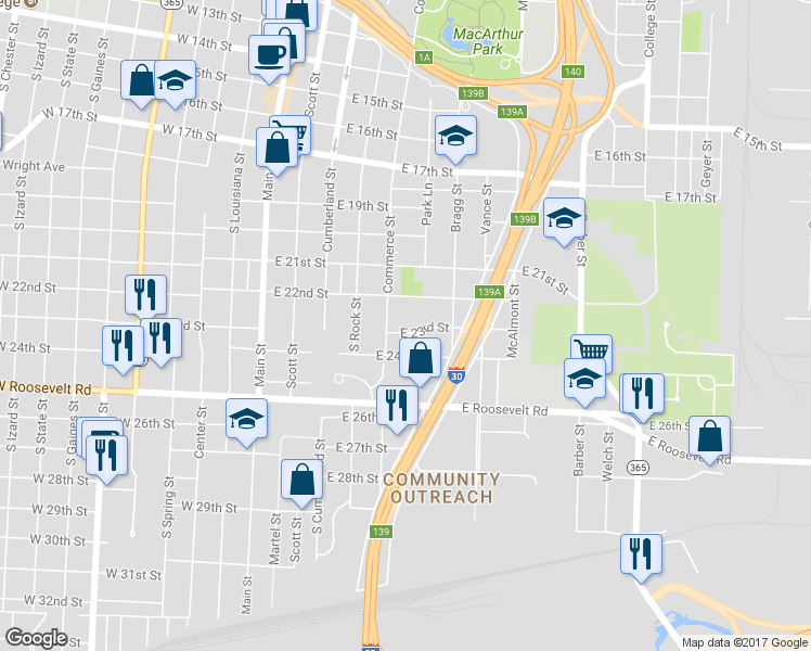 map of restaurants, bars, coffee shops, grocery stores, and more near 516 East 23rd Street in Little Rock