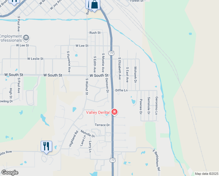 map of restaurants, bars, coffee shops, grocery stores, and more near 1300 Denson Drive in Pauls Valley