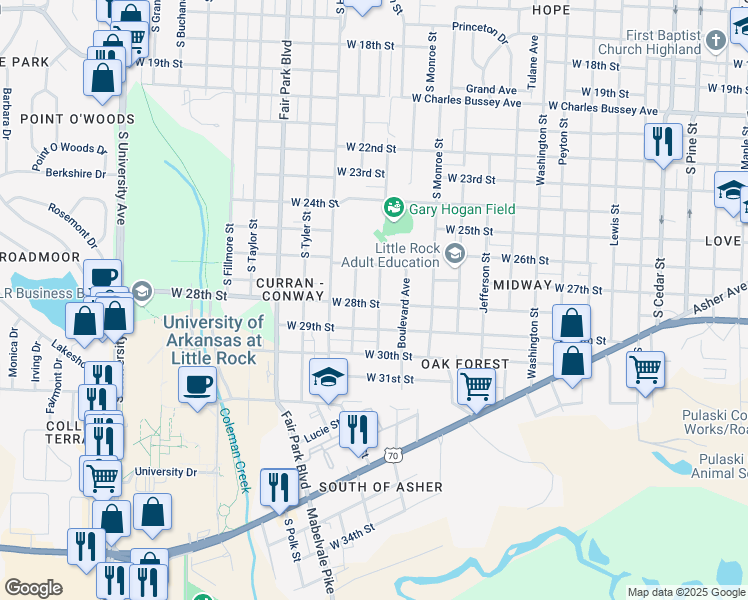 map of restaurants, bars, coffee shops, grocery stores, and more near 2734 South Jackson Street in Little Rock