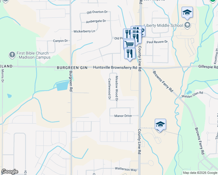 map of restaurants, bars, coffee shops, grocery stores, and more near 120 Castlewood Drive in Madison
