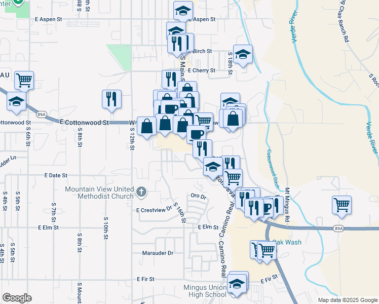 map of restaurants, bars, coffee shops, grocery stores, and more near 711 South Skyline Way in Cottonwood