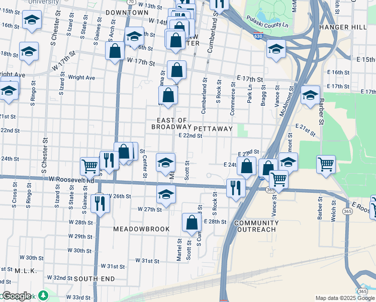 map of restaurants, bars, coffee shops, grocery stores, and more near 2301 Scott Street in Little Rock