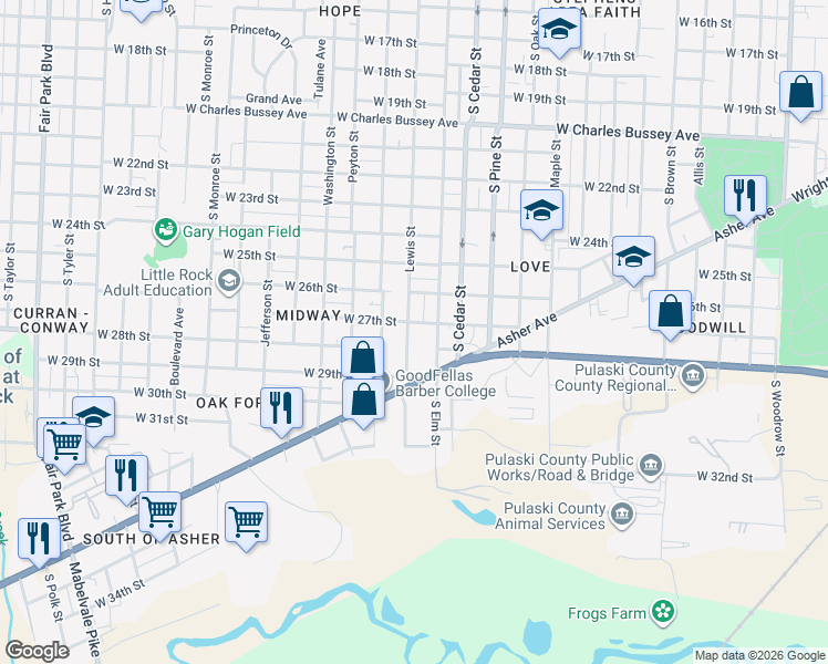 map of restaurants, bars, coffee shops, grocery stores, and more near 2705 Lewis Street in Little Rock