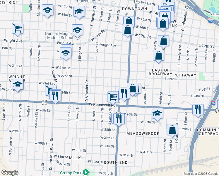 map of restaurants, bars, coffee shops, grocery stores, and more near 2300 South Gaines Street in Little Rock