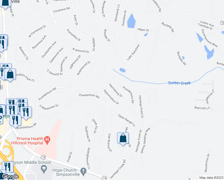 map of restaurants, bars, coffee shops, grocery stores, and more near 903 Powderhorn Road in Simpsonville
