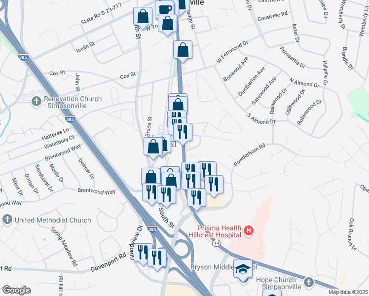 map of restaurants, bars, coffee shops, grocery stores, and more near 509 Southeast Main Street in Simpsonville